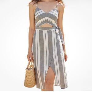 Express striped cut-out faux wrap midi dress in khaki and white size 8